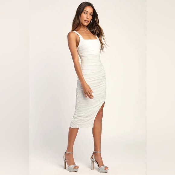 Lulus V.I.P. Treatment White Mesh Ruched Bodycon Midi Dress S Wedding Party - Picture 3 of 8
